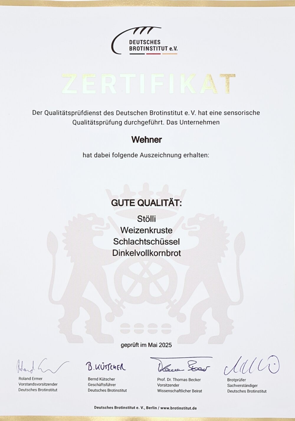 Urkunde Gute Qualität — Deutsches Brotinstitut