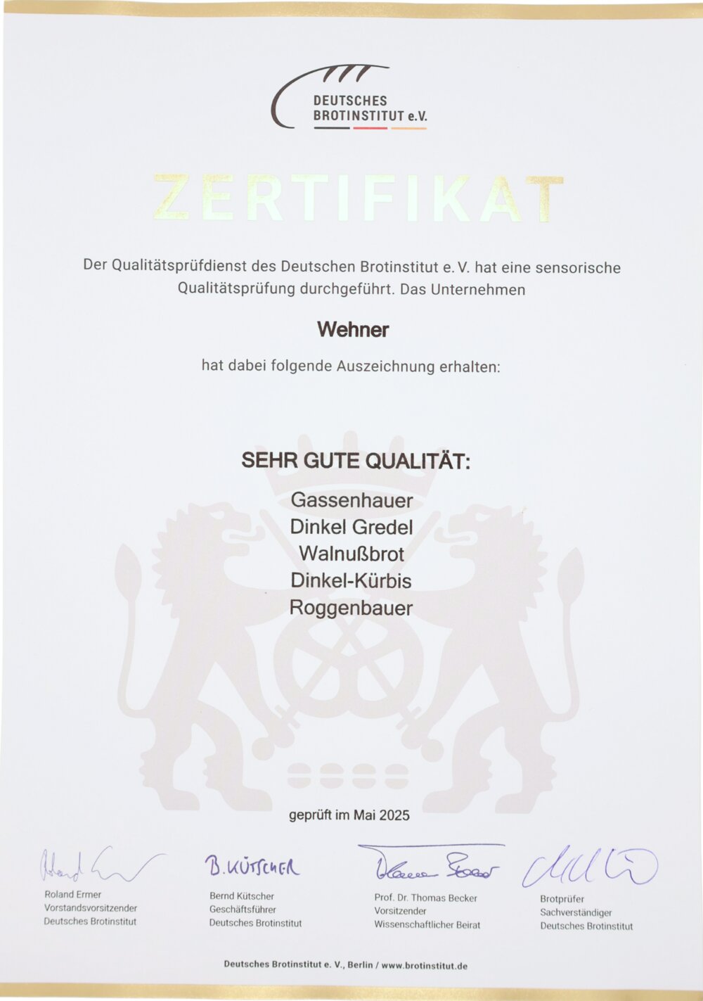 Urkunde Sehr gute Qualität — Deutsches Brotinstitut