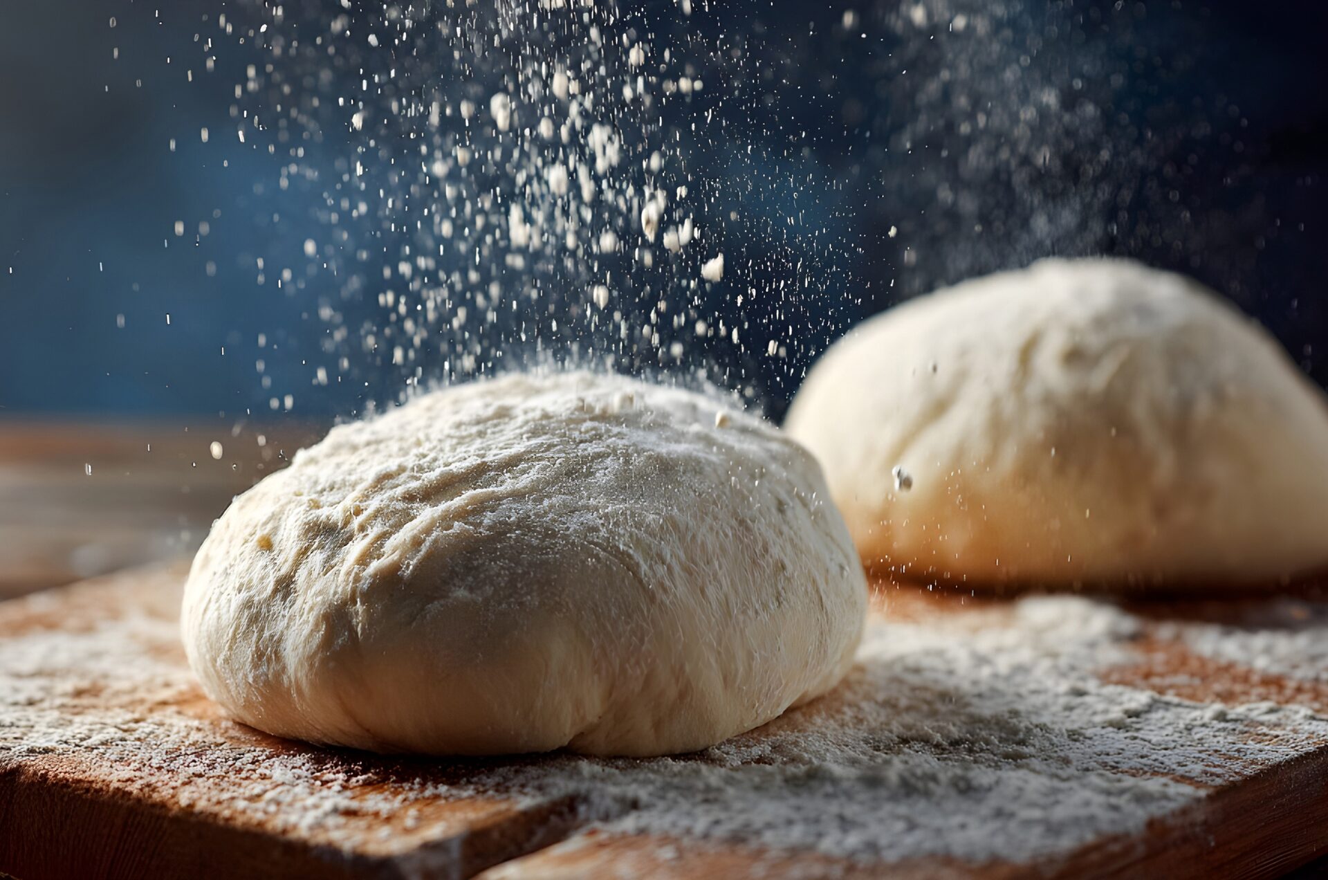 Frischer Teig mit Mehl auf Holz — echtes Bäckerhandwerk
